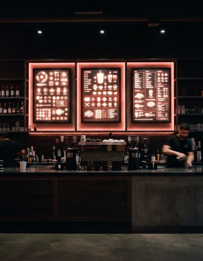 Straight-on architectural shot of a sleek digital menu board glowing behind a modern dark cafe counter, soft red LED ambient light, 35mm