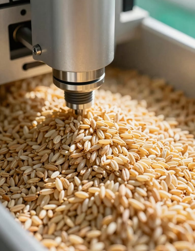 Close-up macro shot of advanced optical color sorting machinery in a rice milling factory, separating grains, clean high-key lighting, industrial precision, rich emerald and warm gold tones, sharp depth of field, 35mm editorial agricultural photography.