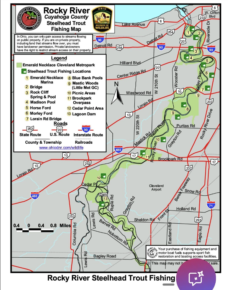 Rocky River Steelhead Trout Fishing Map - Cuyahoga County access points