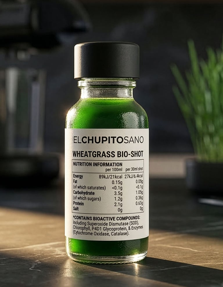 El Chupito Sano Wheatgrass Bio-Shot bottle showing nutritional facts and bioactive compounds.