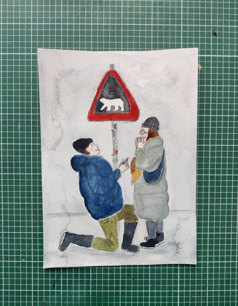 a bespoke watercolour and pencil painting of an engagement in svalbard where a man is down on one knee for his girlfriend