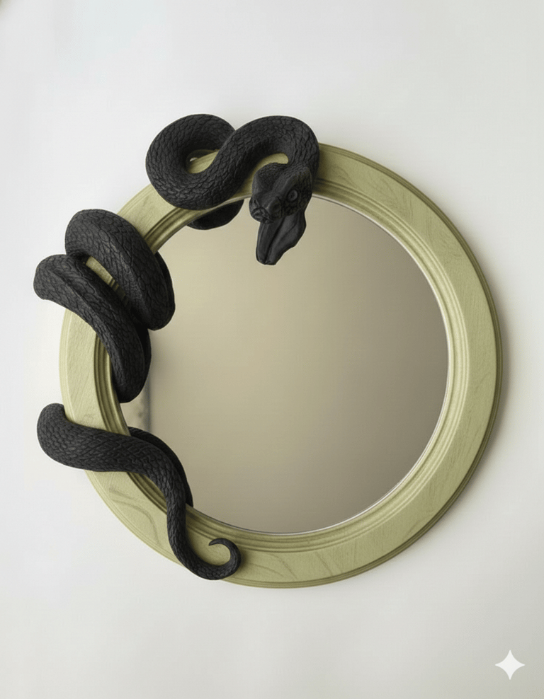 Espejo de pared redondo decorativo con una escultura realista de serpiente negra enroscada alrededor