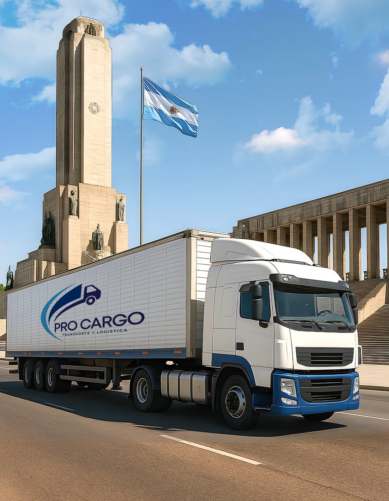 Camión con logo de Pro Cargo conduciendo frentee al Monumento a la Bandera en Rosario, Santa Fe, Argentina