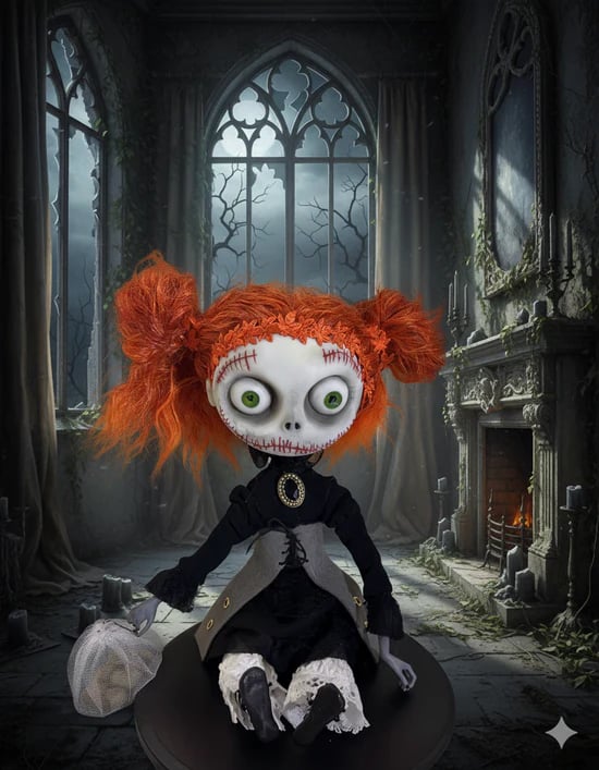 Tim Burton style gothic Victorian doll holding a bag with skulls 