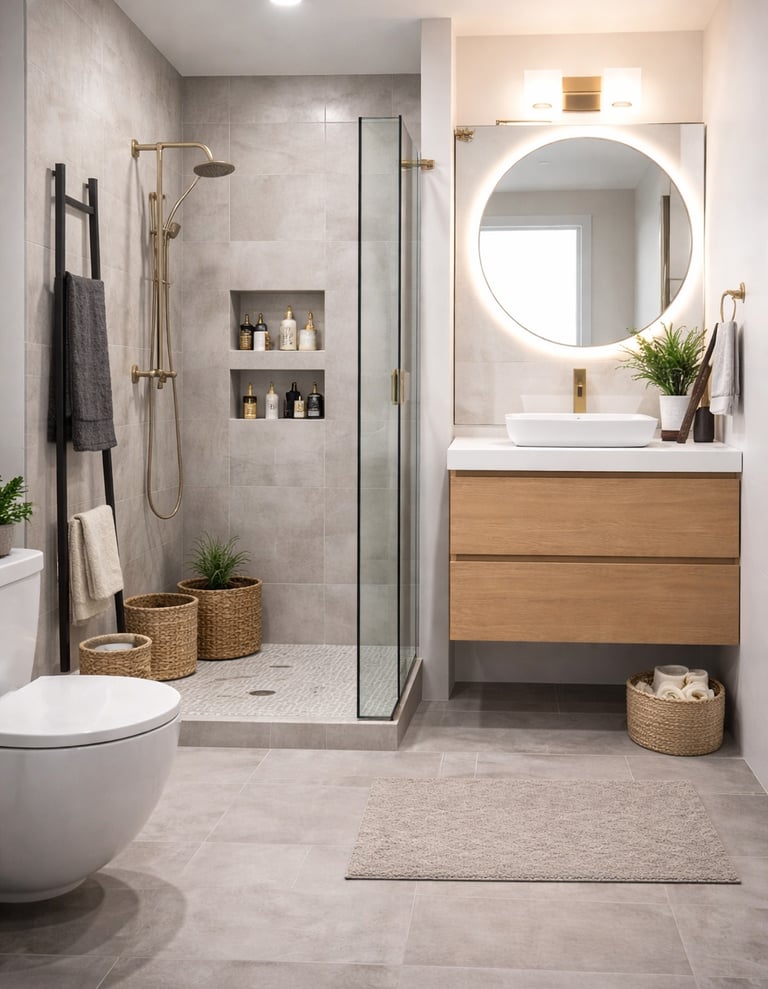 baño moderno pequeño con ducha y mueble suspendido