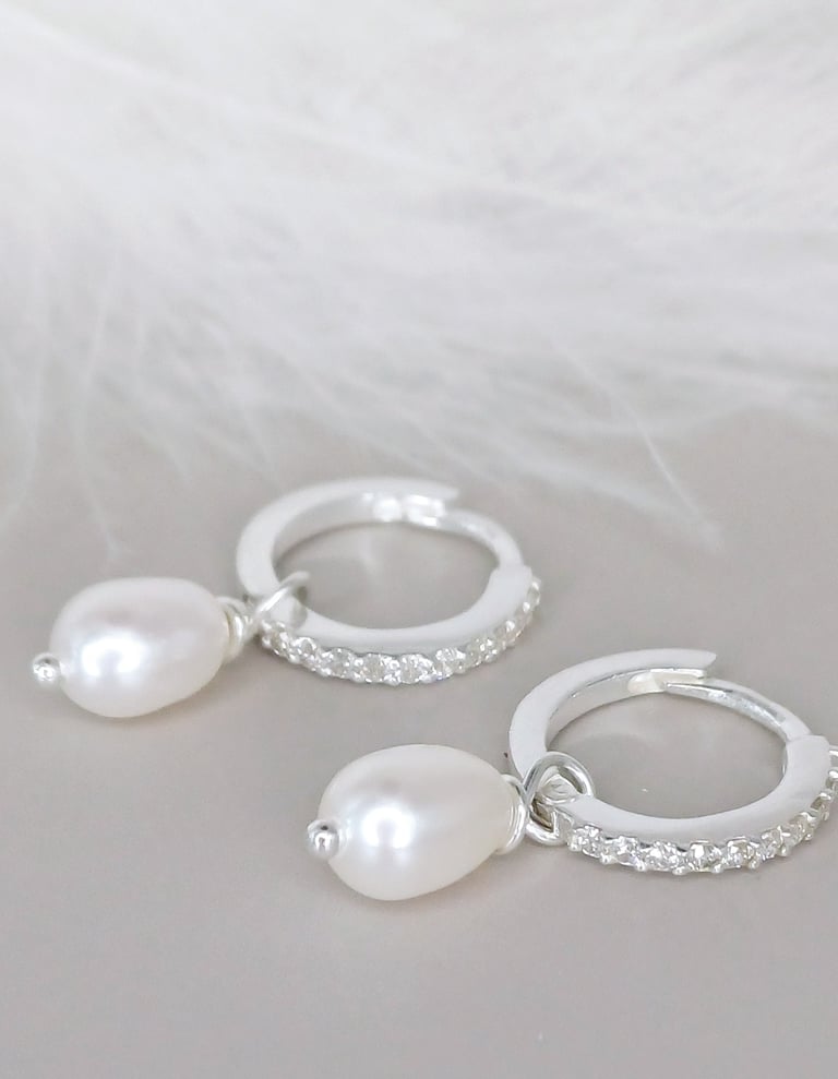 Cubic Zirconia Sterling Silver Hinged Hoop Huggie Pearl Earrings with Detachable Charm. 