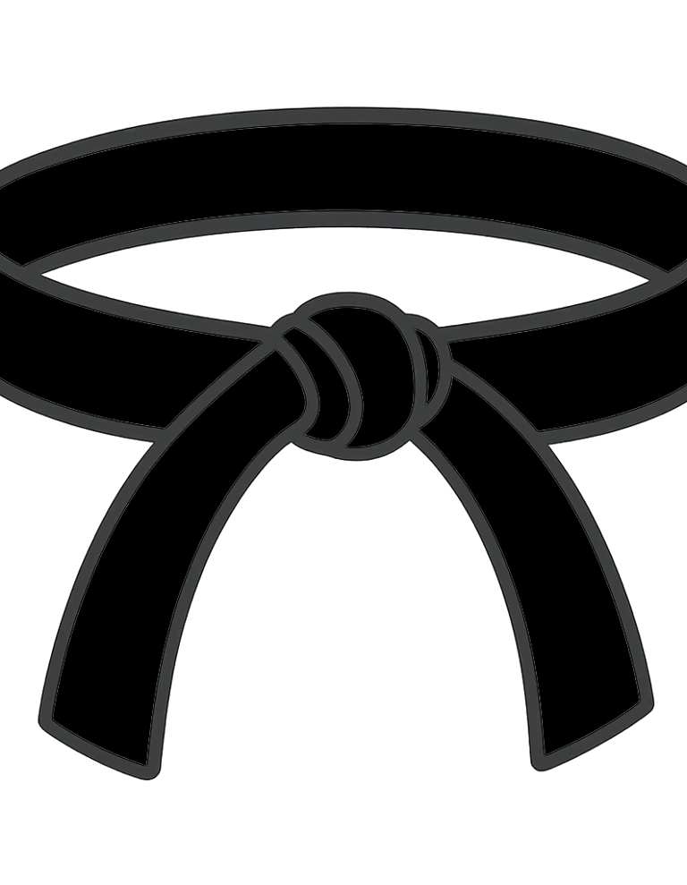 A black and white line art illustration of a tied martial arts belt icon.