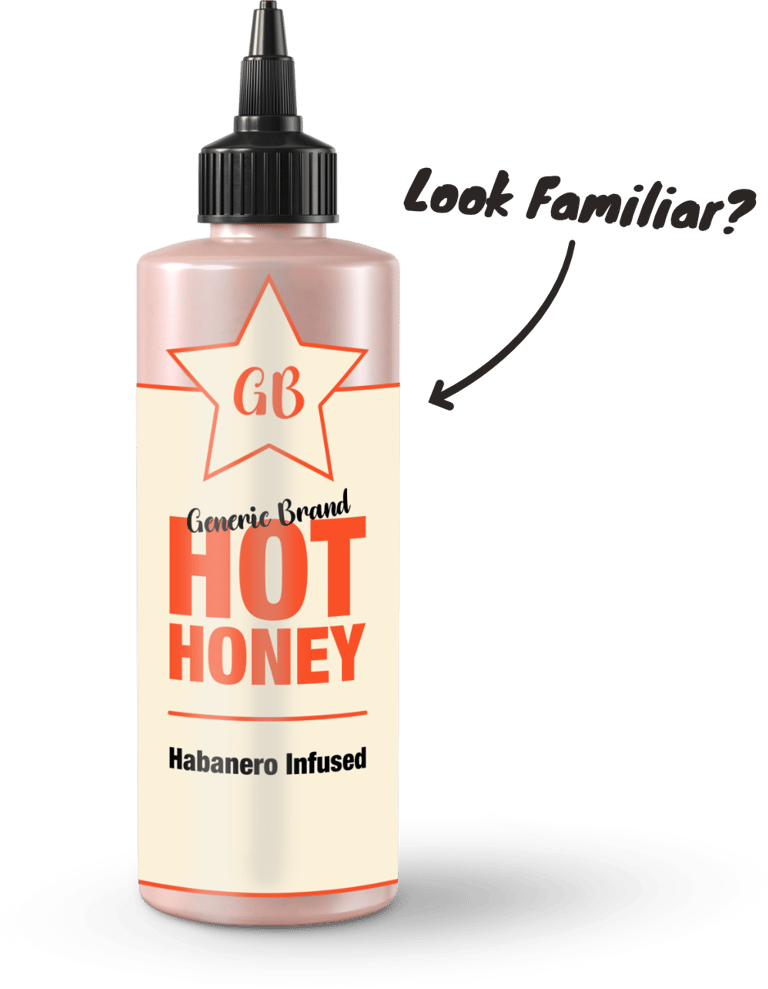 "Generic Brand Hot Honey" A mockup of a bottle that blends in with other brands.