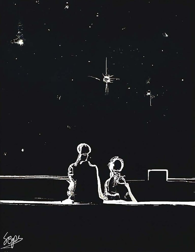 a couple of people sitting staring in the night sky