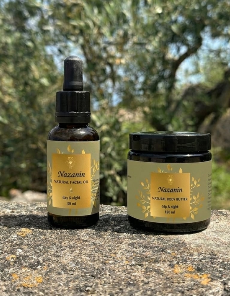 Nazanin natural facial oil and body butter skincare products outdoors on a stone wall