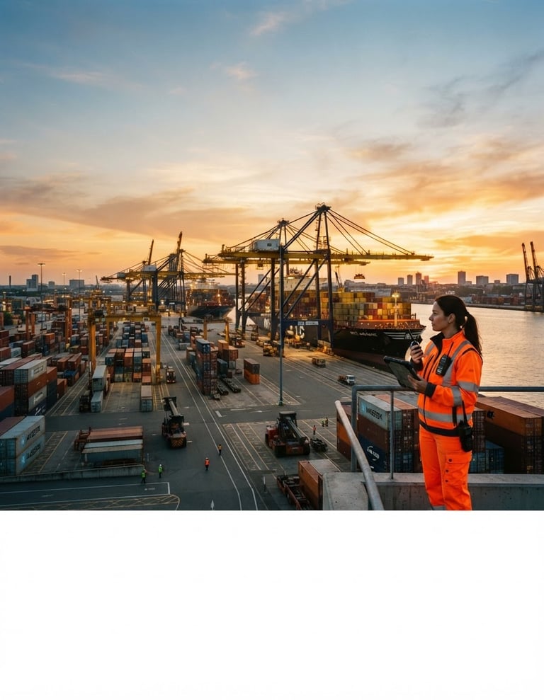 Wide panoramic shot of a modern container terminal at golden hour, cargo ships in the background, a professional logistics team member in the right third overseeing operations, sharp focus, cinematic lighting.