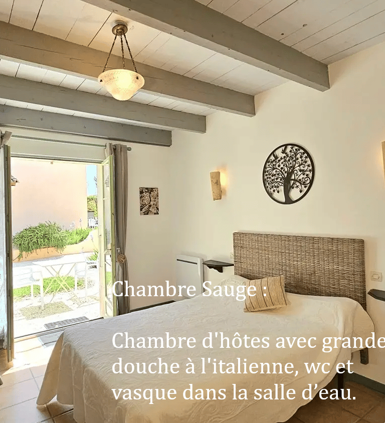 Chambre sauge de la maison d'hôtes la ramade, grand lit vue porte fenêtre extérieur.