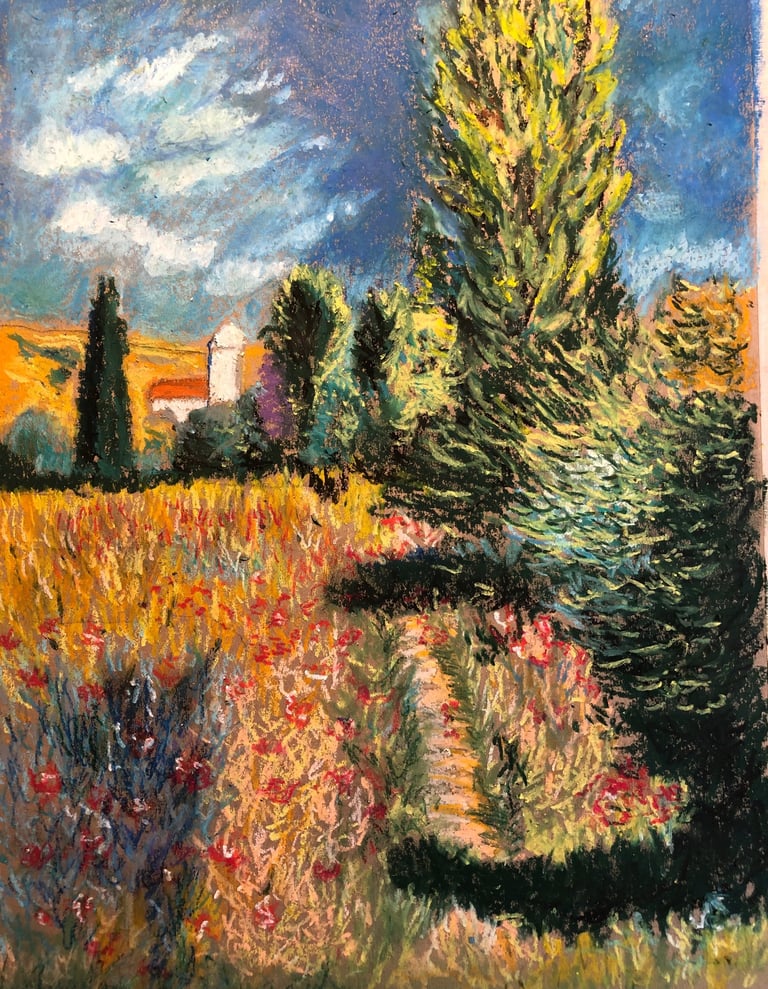 CBM Art French Scene in the style of Van Gogh oil pastel