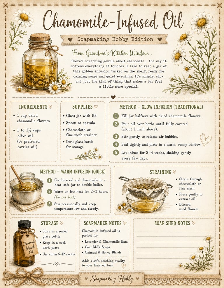Vintage-style infographic showing how to make chamomile-infused oil for soapmaking with ingredients and methods.