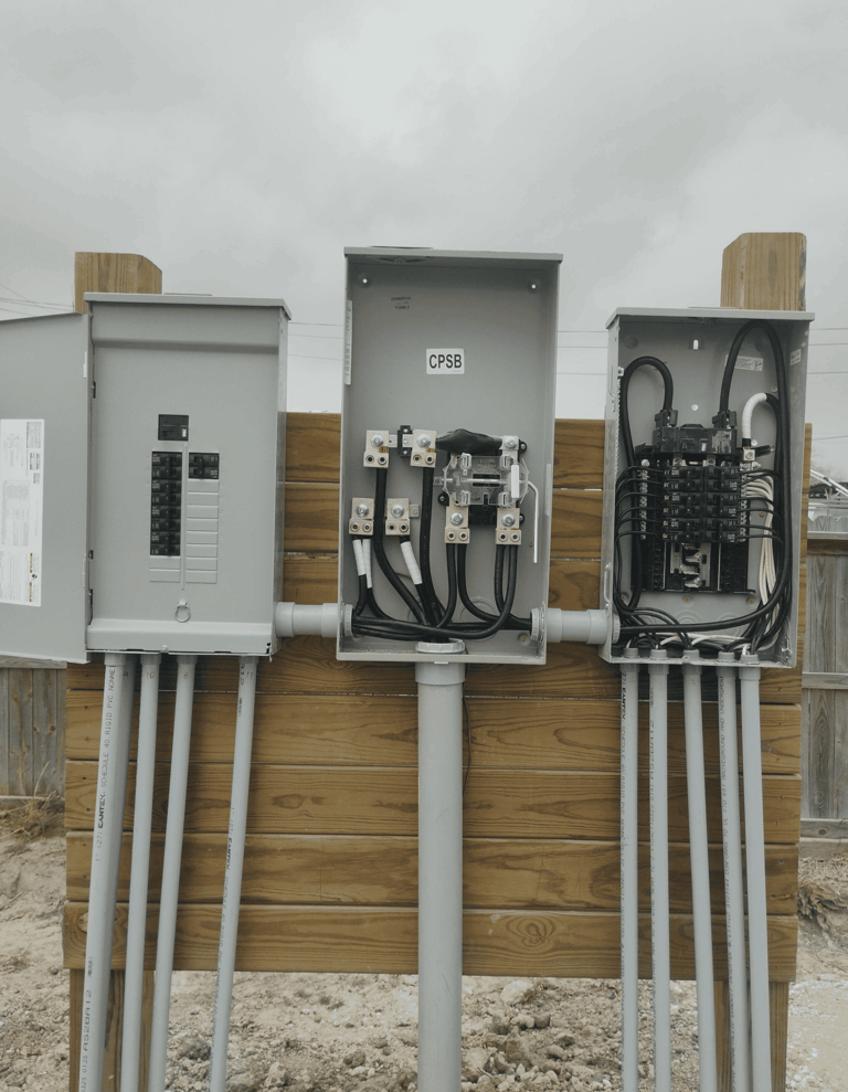 Three electrical control panels side by side and mounted on a wooden support a wooden