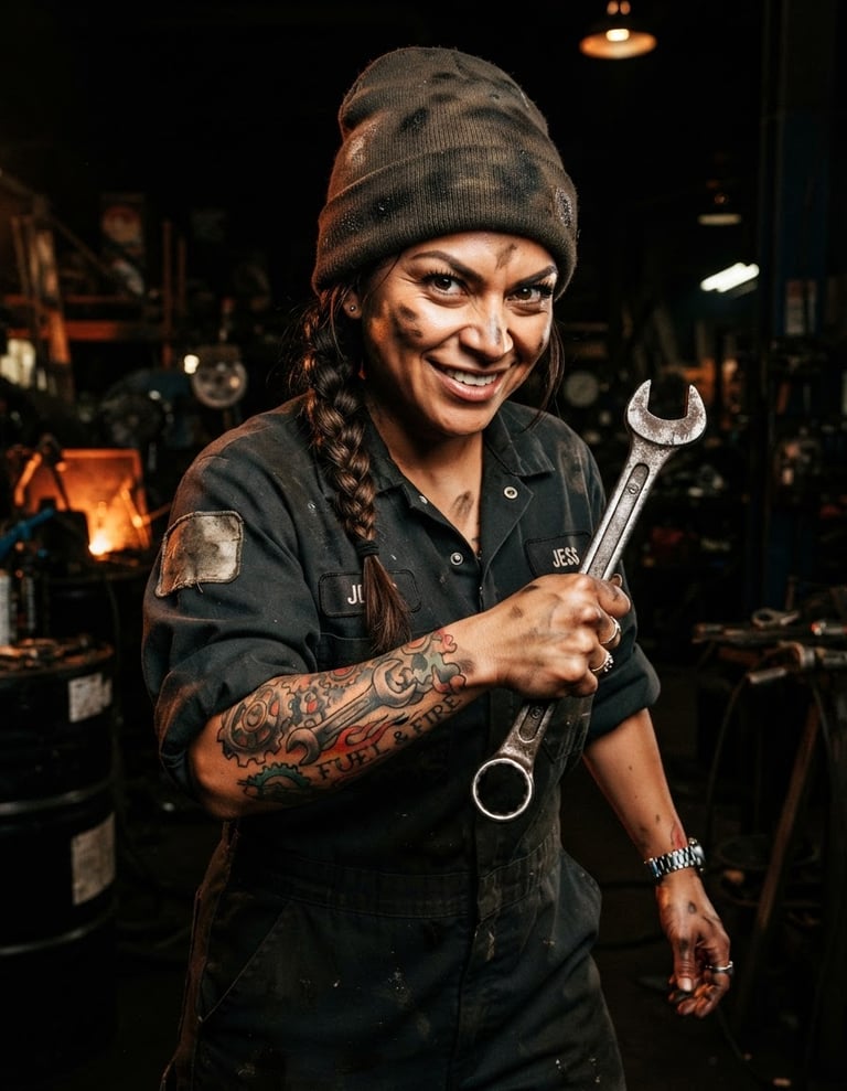 Close-up portrait of a highly detailed, cartoon-style female mechanic caricature with a wrench, wearing a uniform, with customizable hair, skin tone, and tattoos, high contrast, dramatic industrial workshop lighting, burnt orange and deep black tones, sharp 50mm lens, isolated on a dark background.