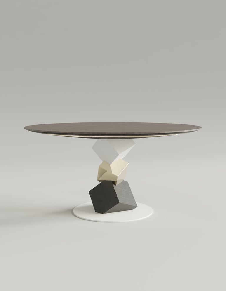 Pyrite dining round table, polished brass, walnut, oak 