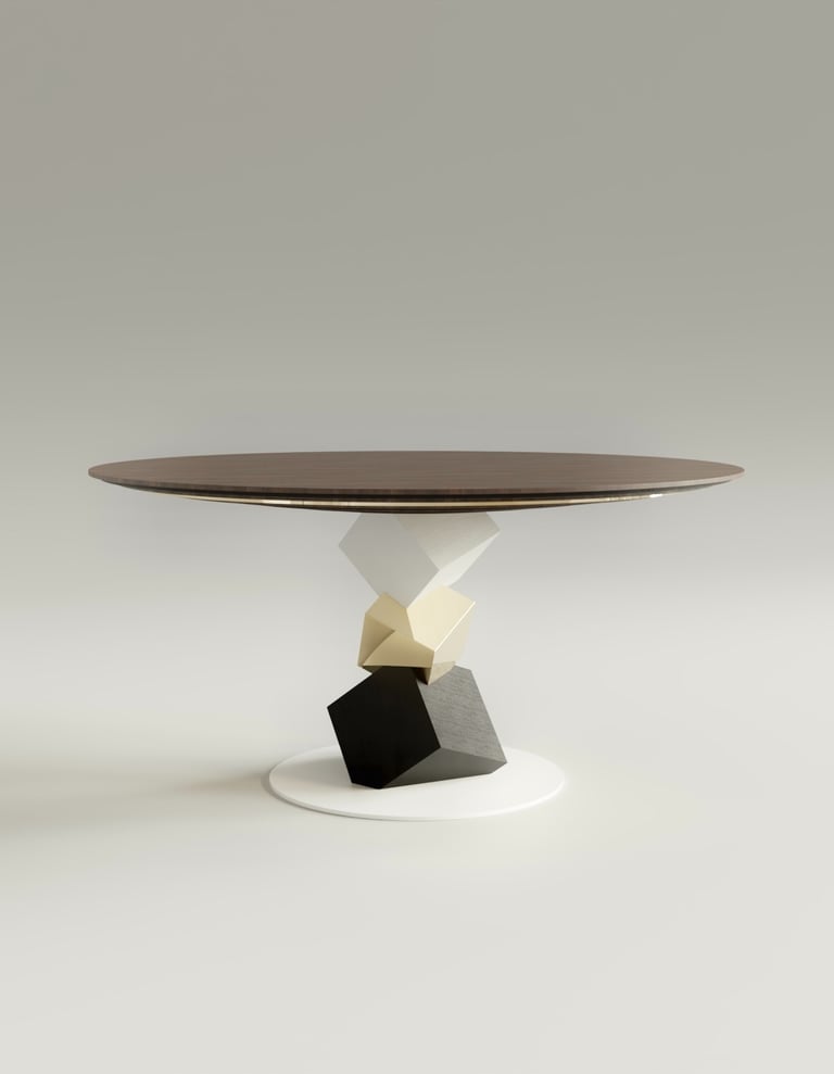 Table ronde de la série Pyrite en noyer, laiton poli, moabi. Pied central formé de cubes