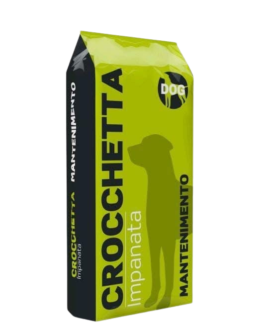 Crocchetta Impanata Mantenimento dry dog food bag in lime green and black.