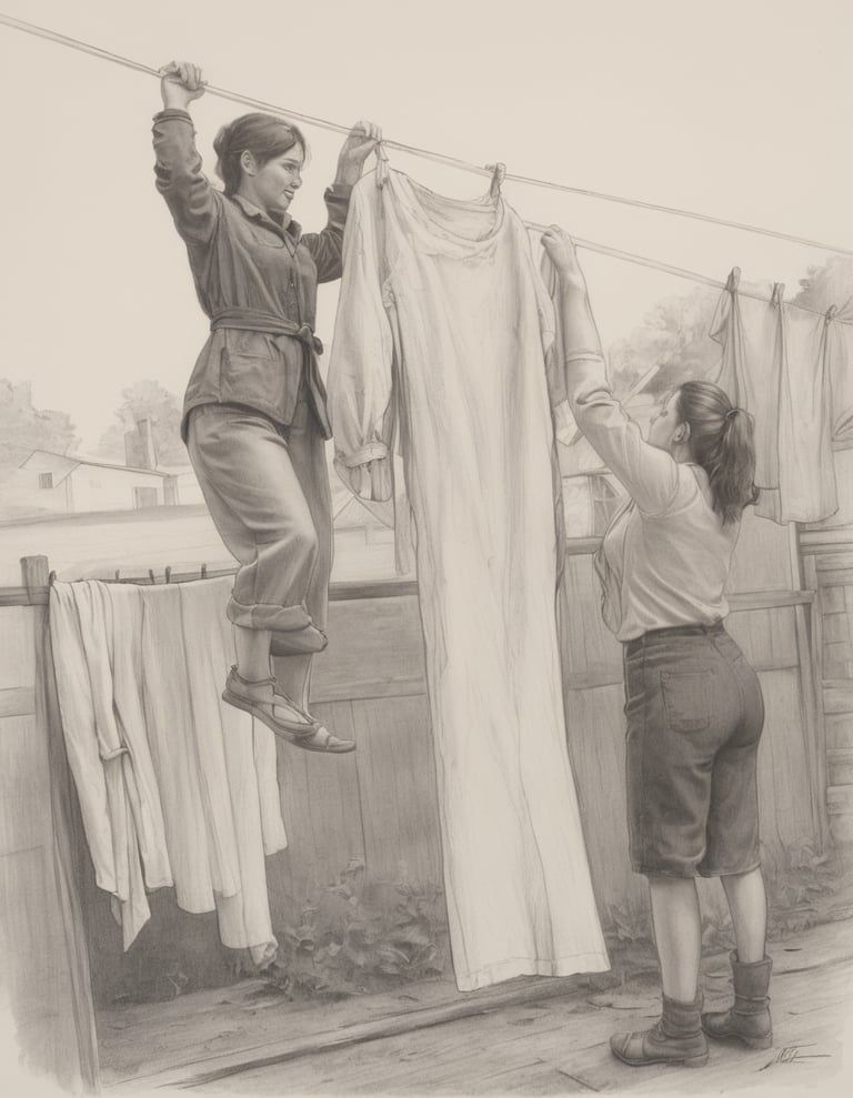 Two women hanging clothes on a line