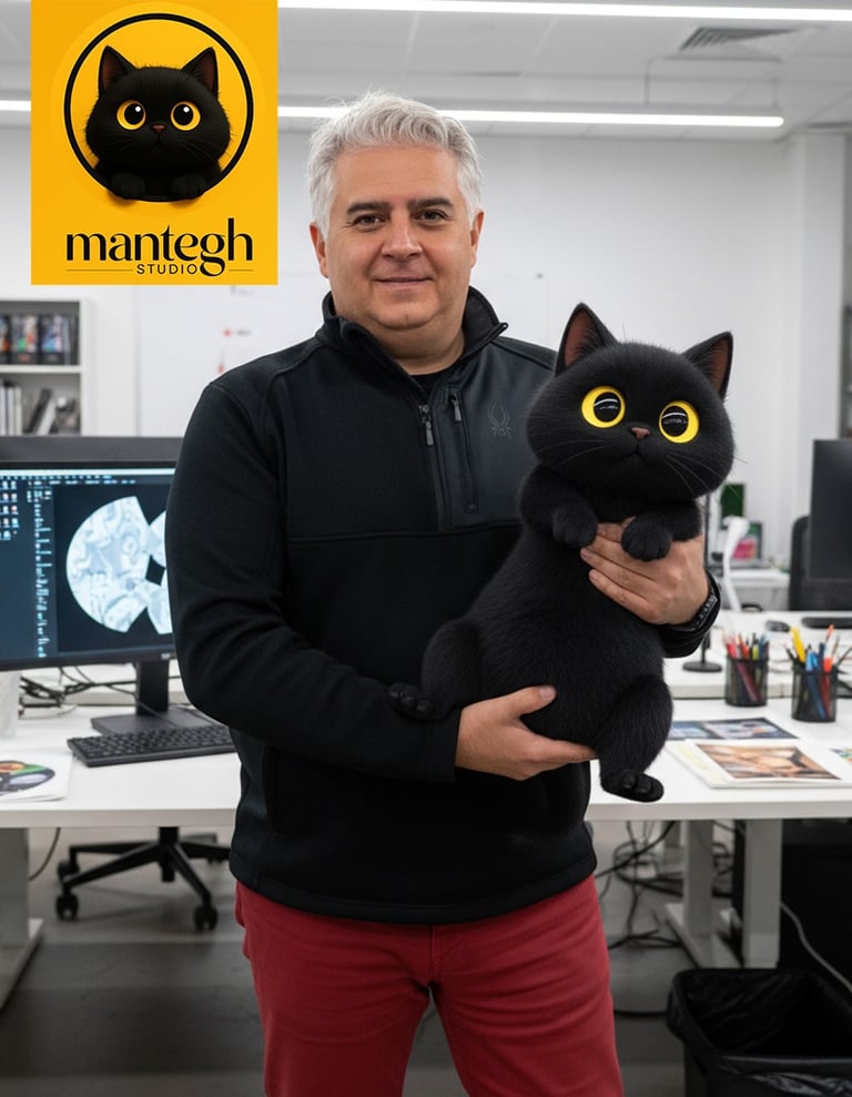 David Mantegh holding the Mantegh Studio mascot.