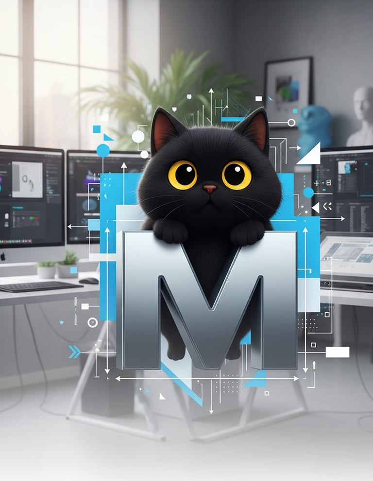 3D-rendered illustration of the Mantegh Studio mascot emerging from a metallic letter “M” 