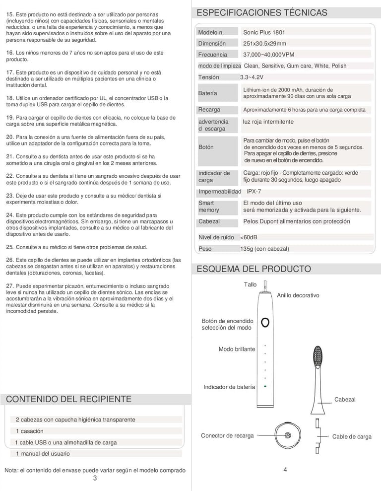 Manual del usuario de cepillo de dientes sónico Aquolab 1801 ES 2