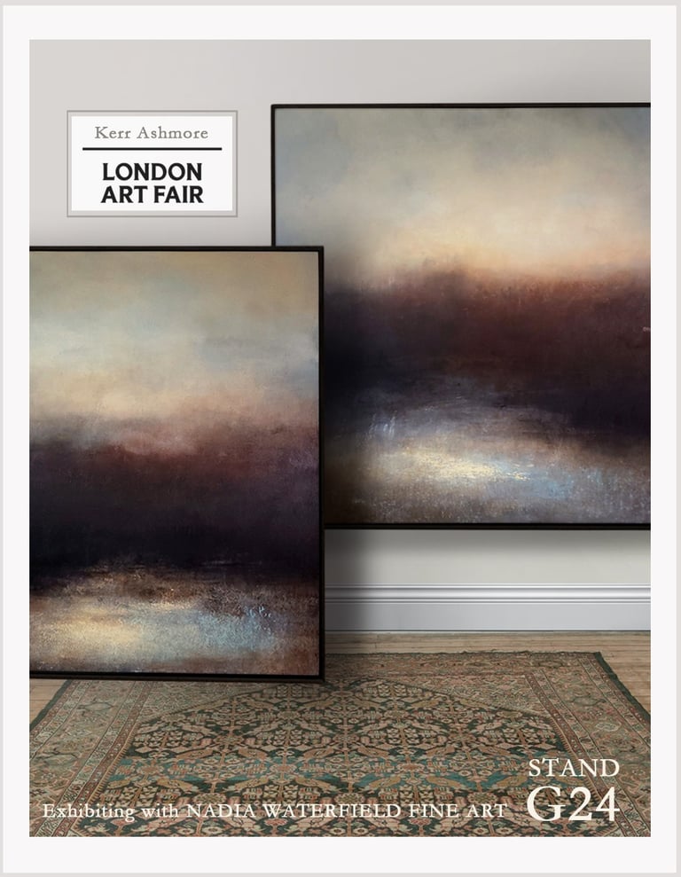 2 large abstract landscape paintings by the British contemporary artist Kerr Ashmore exhibition at the London art fair
