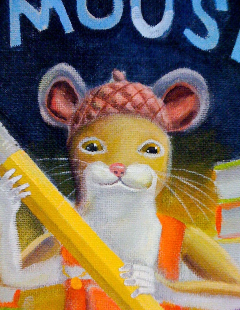 A trompe l'oeil mural with a close-up of a book cover from The Library Mouse series by Daniel Kirk.