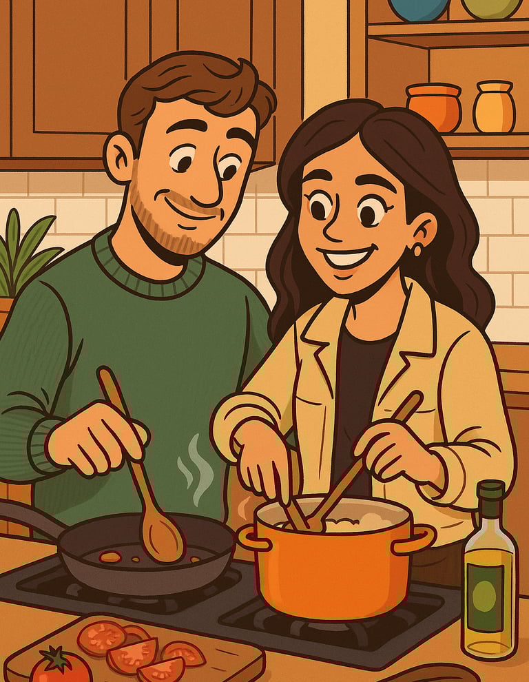 a man and woman cooking in a kitchen