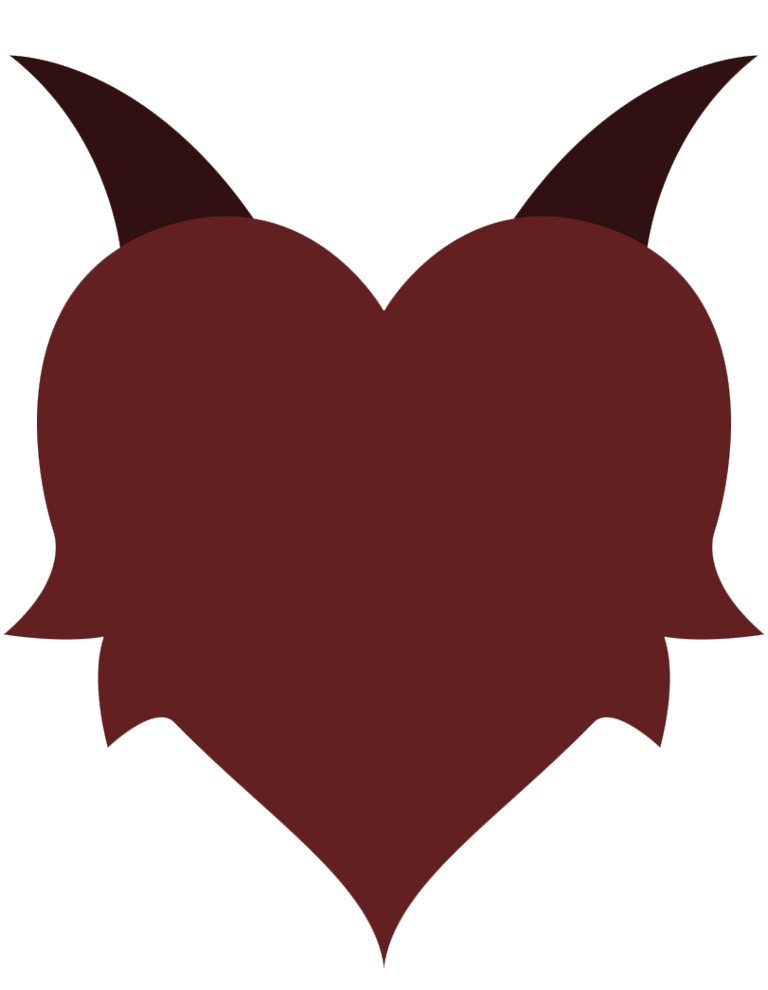 A dark red heart, the top crowned with horns. Small spines jut from the sides.