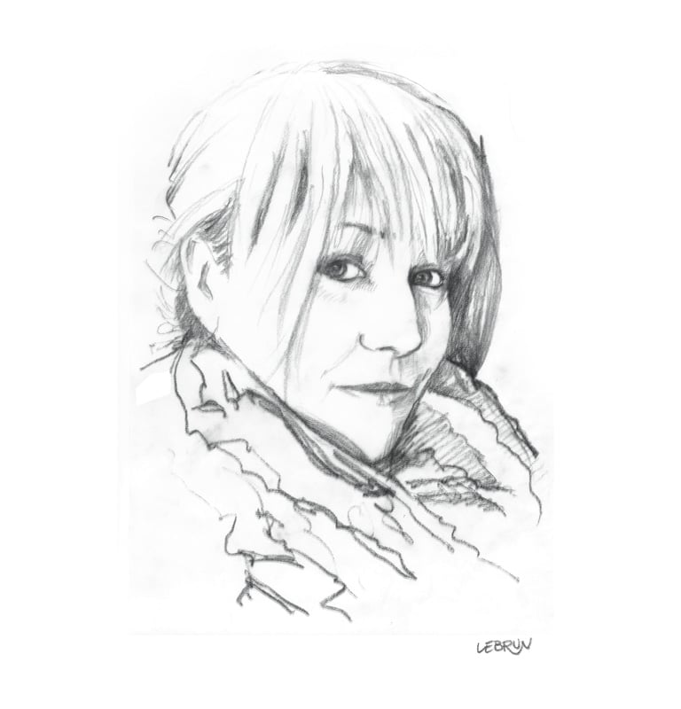 Portrait au fusain d'une femme à frange portant une écharpe texturée.