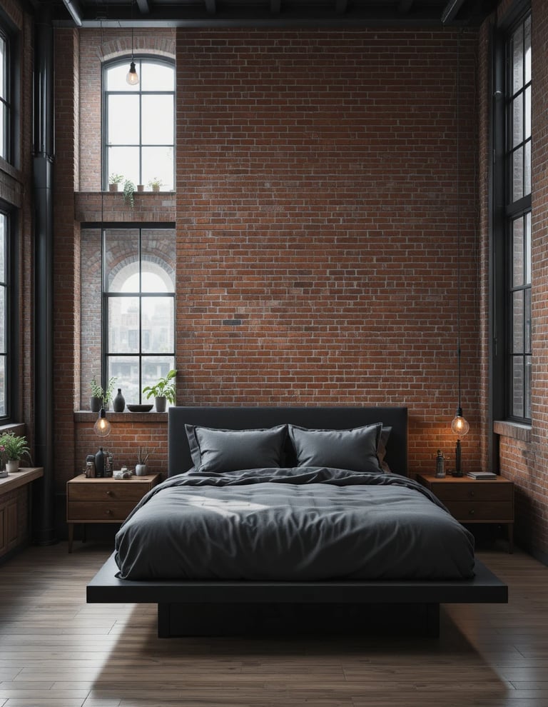 Dormitorio industrial moderno con pared de ladrillo visto, iluminación tipo Edison y mobiliario negr