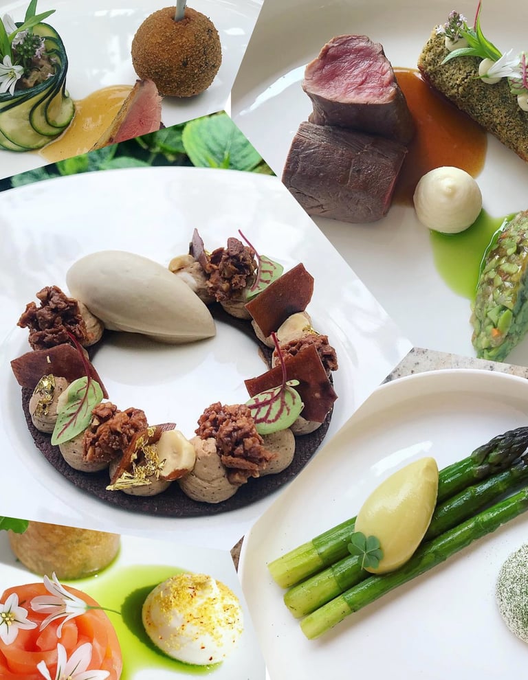 pele mele de plats et desserts type cuisine gastronomique