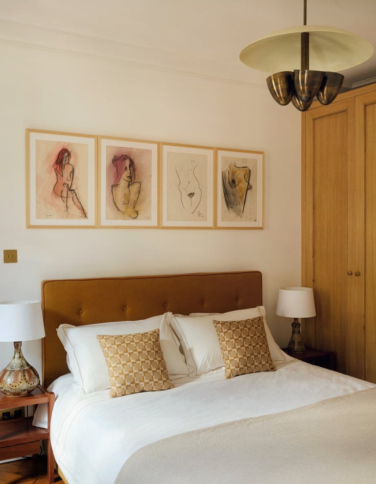 Lit et armoire en chêne sur mesure, lampes de chevet et art contemporain dans une chambre élégante