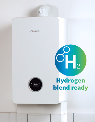 A white Worcester Bosch wall-mounted boiler labeled as hydrogen blend ready for home heating.