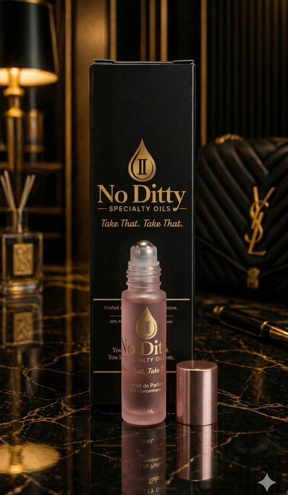 No Ditty 25% Extrait/Parfum | Pure oil bottle and packaging display, featuring Jojoba oil base and luxury branding.