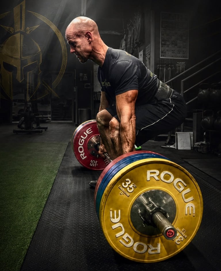Graham Harding lifting weights in gym as founder of Ageless Warrior
