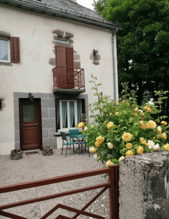 La petite cour devant le gîte avec la table et les chaises vertes, et un rosier jaune en floraison