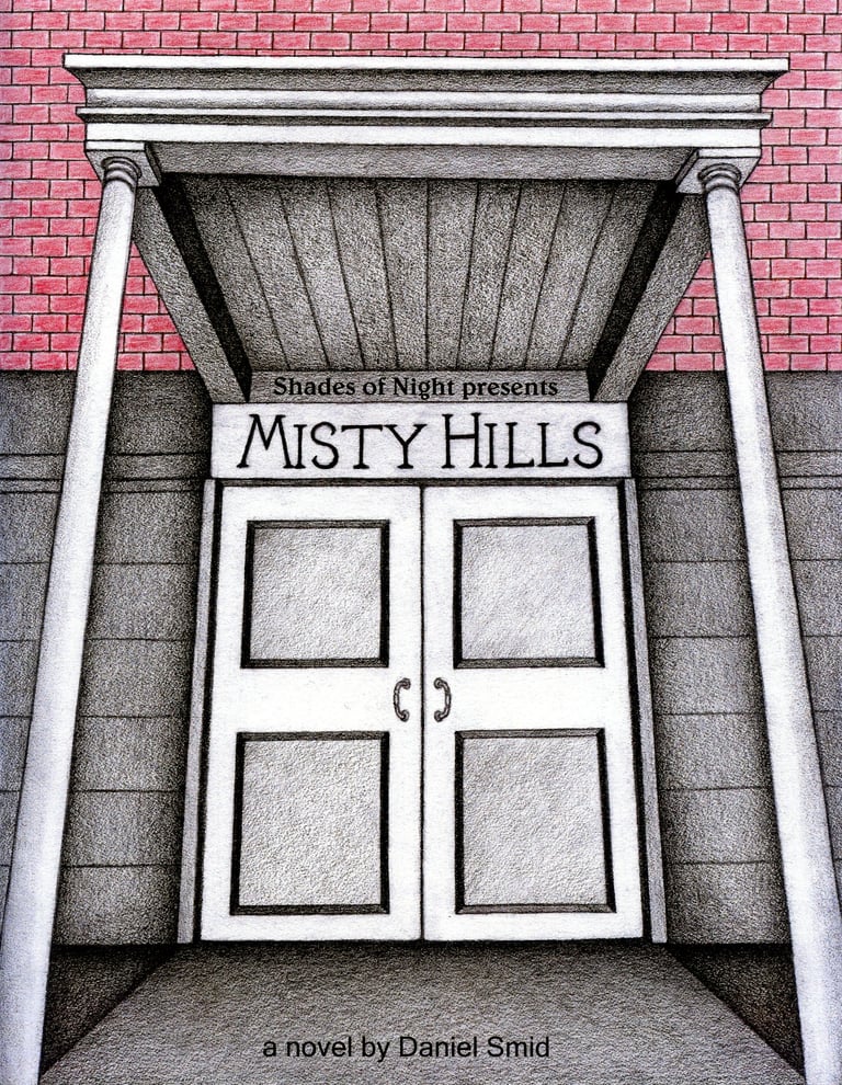 Misty Hills front cover, doorway with columns supporting a potico in front of a brick wall.