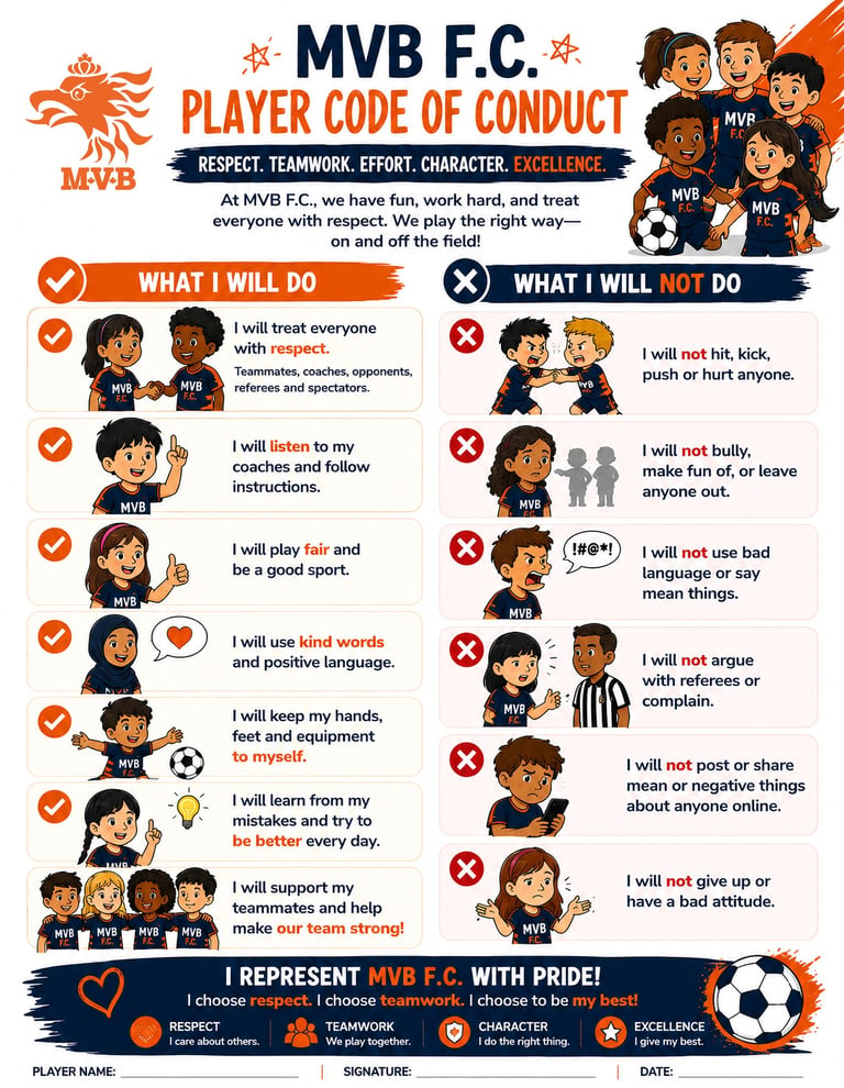 An MVB F.C. youth soccer player code of conduct poster featuring rules for sportsmanship and teamwork.