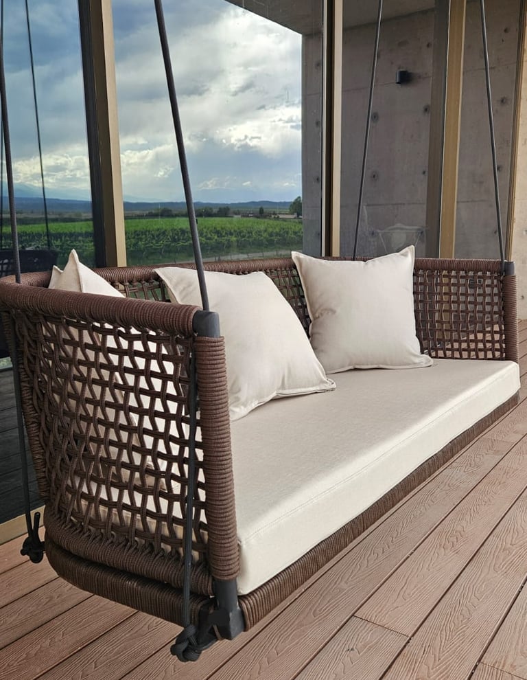 Sillón colgante para exterior tejido con cordón de poliester de 6 mm