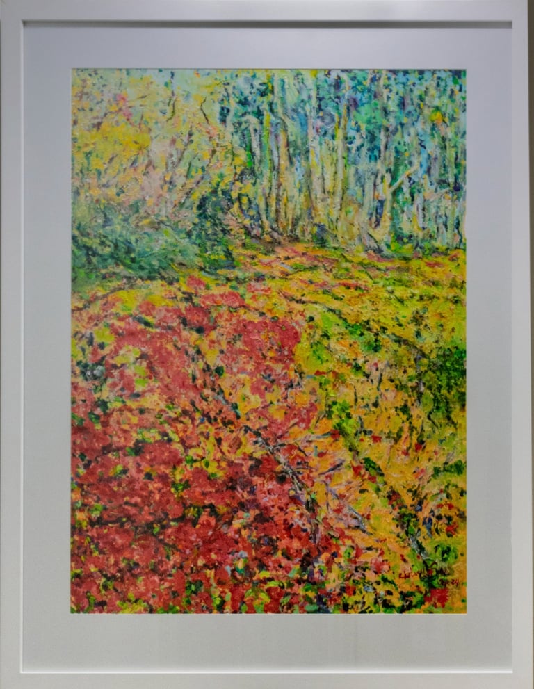 a painting of a field with a dog in the foreground