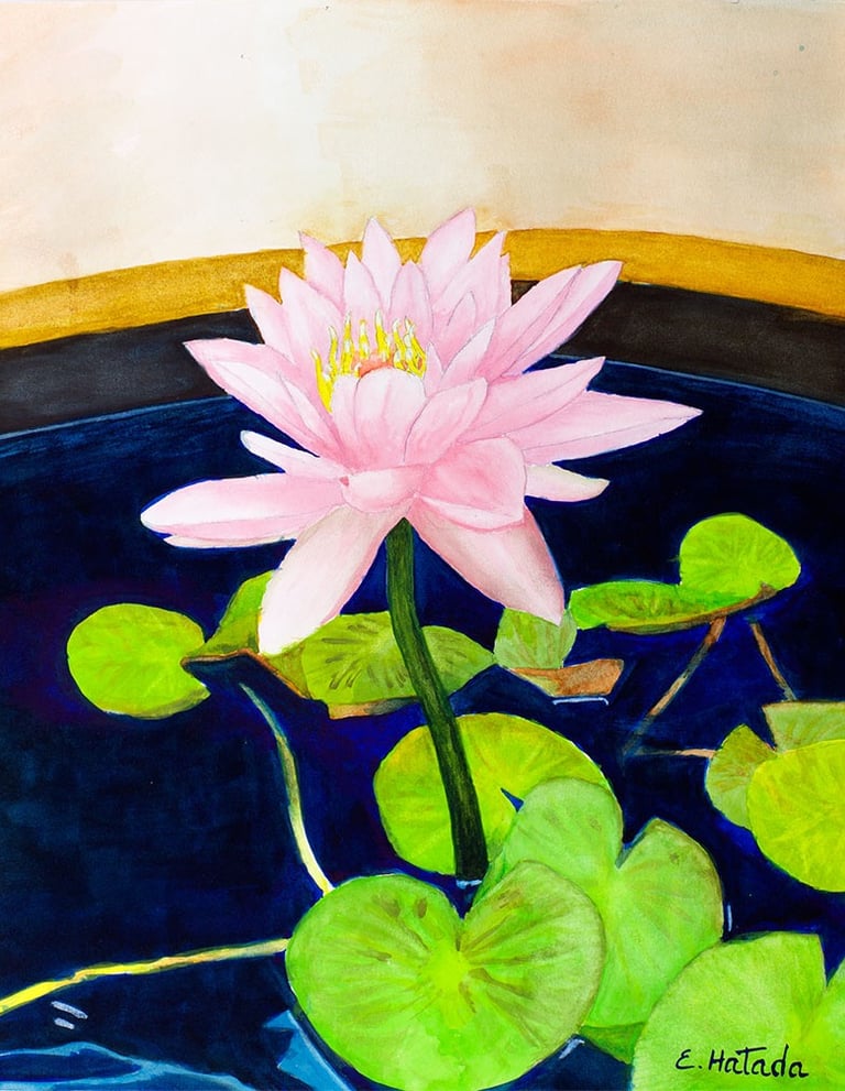 Watercolor painting of a water lily emerging from a vase