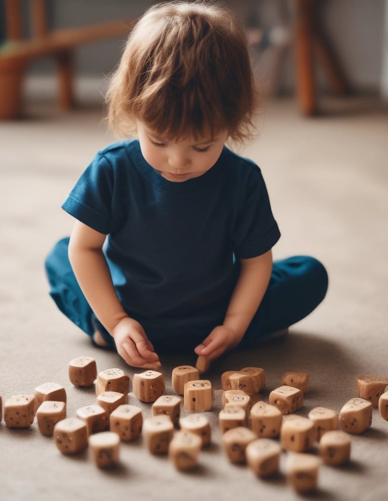 enfant qui joue avec des dés en bois