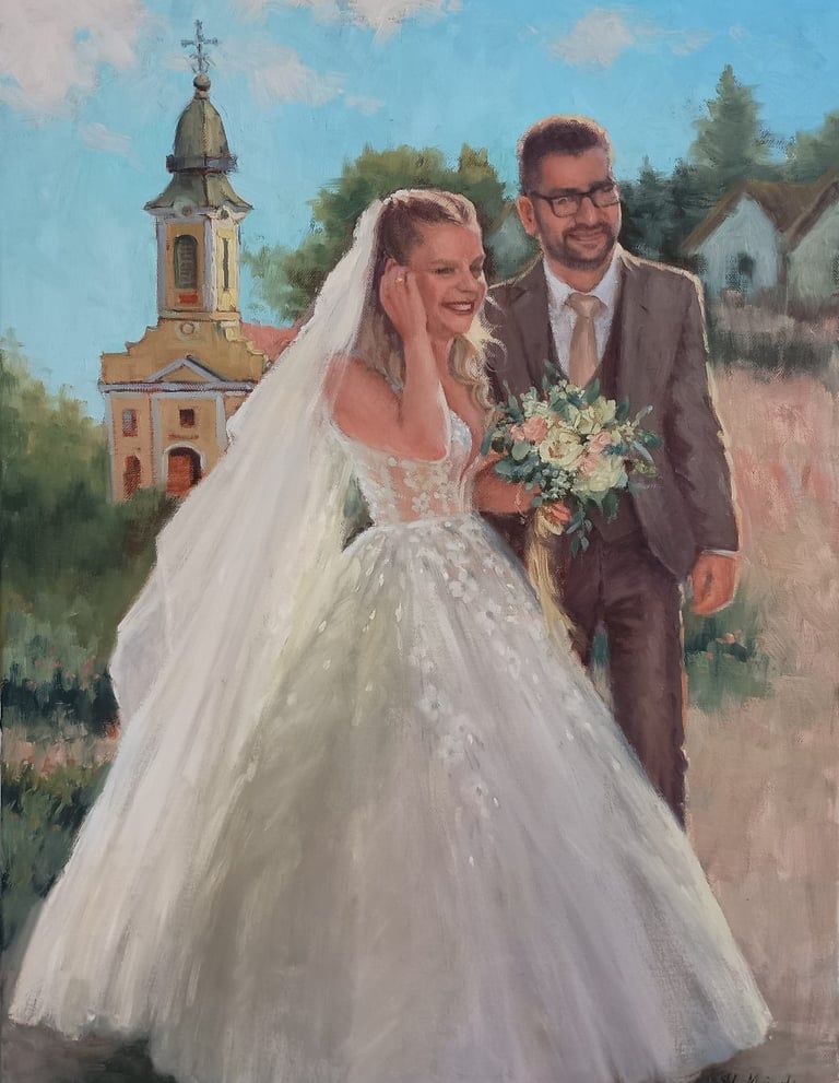 European wedding painting of a bride and groom with a church in the background