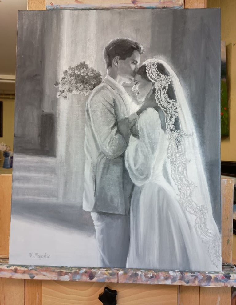 wedding vision elegant black and white wedding painting of a newly wed couple
