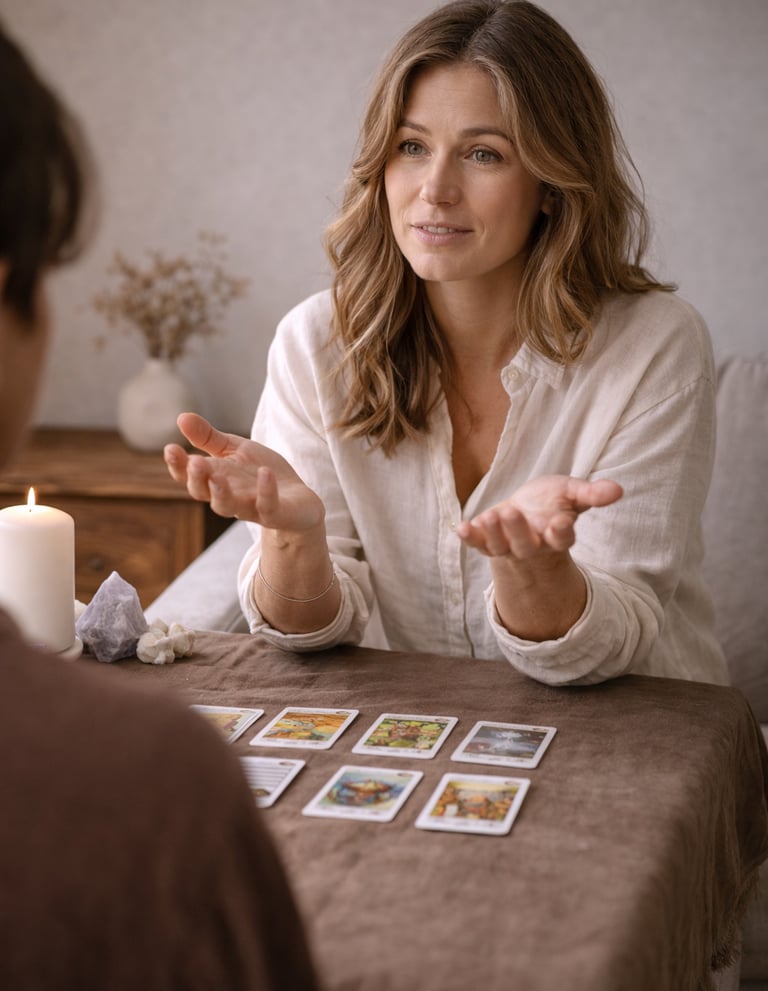 A professional female psychic reader interpreting a tarot card spread for a client in a cozy studio.