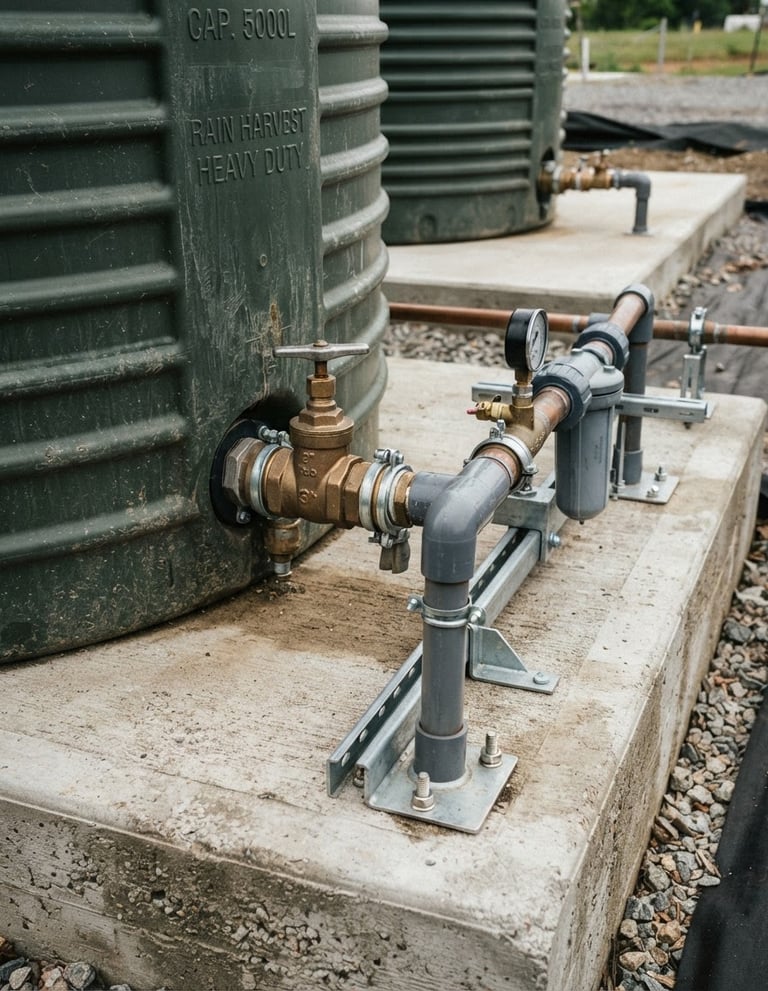 Close-up of a heavy-duty poly water tank installation, showing properly leveled concrete foundations and robust pipe fittings, natural overcast daylight, sharp focus, 35mm lens