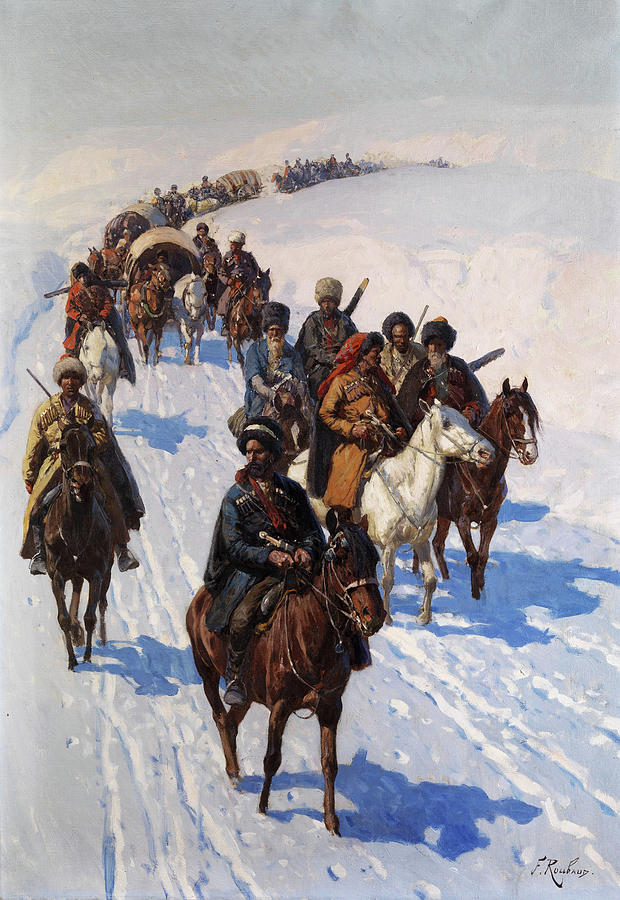 Mass loss Oil painting of Caucasian horsemen and wagons traveling across a snowy mountains